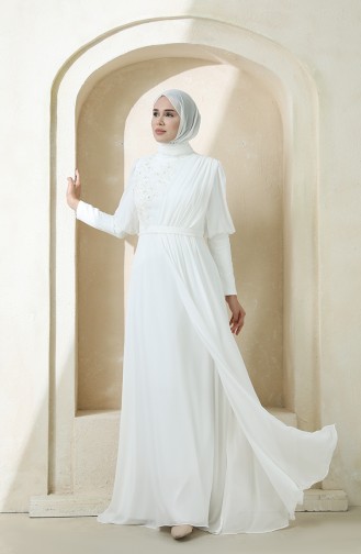 Ecru Hijab Evening Dress 1112-01