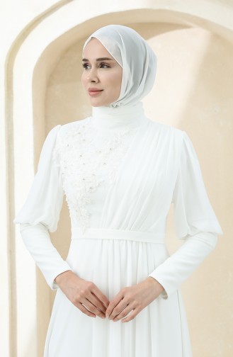 Ecru Hijab Evening Dress 1112-01