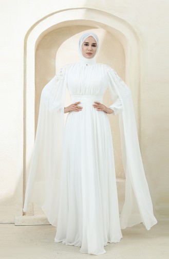 Ecru Hijab Evening Dress 3401-01