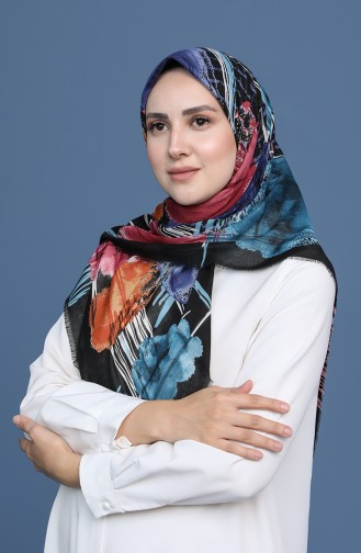 Desenli Çekme Cotton Eşarp 11411-05 Siyah Pudra