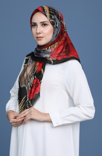 Desenli Çekme Cotton Eşarp 11411-07 Siyah Kırmızı