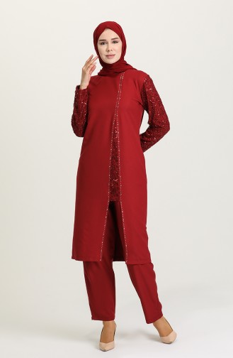 Taş Baskılı Tunik Pantolon İkili Takım 9034-01 Bordo