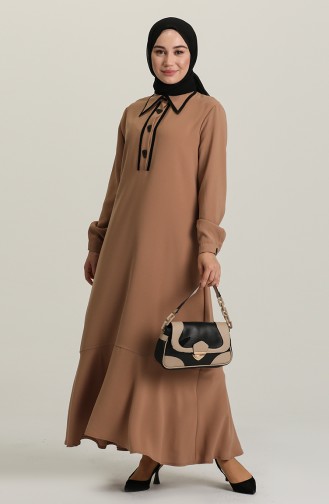 Sivri Yaka Düğmeli Elbise S1MY1030120003-01 Camel