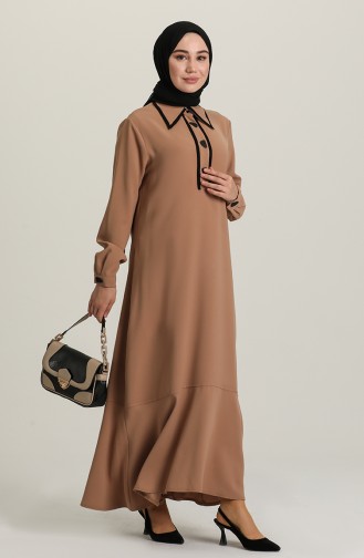 Sivri Yaka Düğmeli Elbise S1MY1030120003-01 Camel
