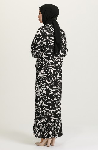 Desenli Büzgülü Elbise 15029A-03 Siyah Beyaz