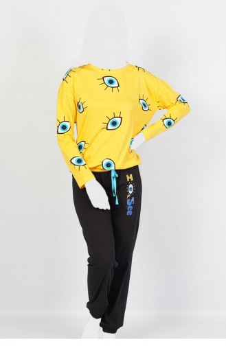 Pamuklu Düşük Omuzlu Uzun Kol Belı Pijama Takım 1050590371 Sarı