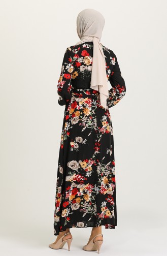 Desenli Kuşaklı Viskon Elbise 1441-08 Siyah