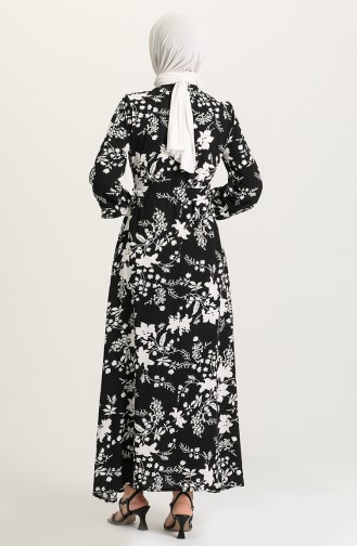 Desenli Kuşaklı Viskon Elbise 1441-10 Siyah Beyaz
