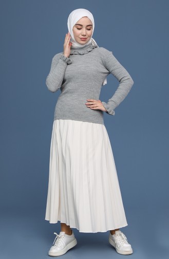 Fırfır Detaylı Triko Kazak 7306-08 Gri