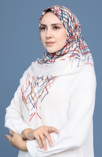 Desenli Çekme Cotton Eşarp 11414-15 Ekru Kırmızı