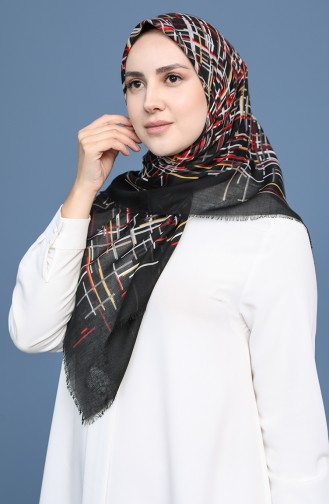 Desenli Çekme Cotton Eşarp 11414-19 Siyah Kırmızı