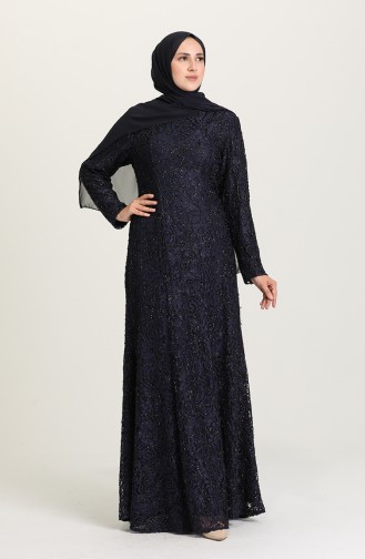 Navy Blue Hijab Evening Dress 3005-03