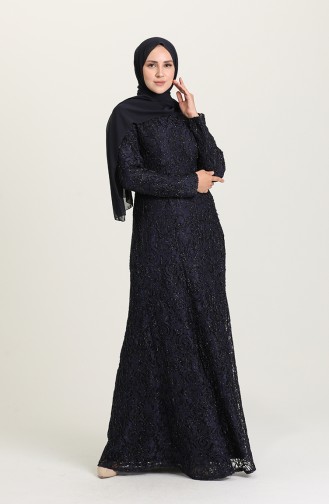 Navy Blue Hijab Evening Dress 3005-03