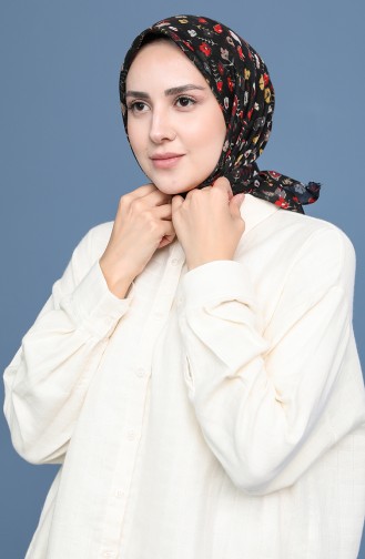 Desenli Çekme Cotton Eşarp 11420-08 Siyah Kırmızı