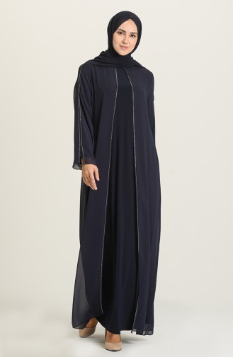 Navy Blue Hijab Evening Dress 6342-01