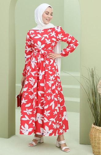 Kuşaklı Desenli Elbise 5415-01 Kırmızı
