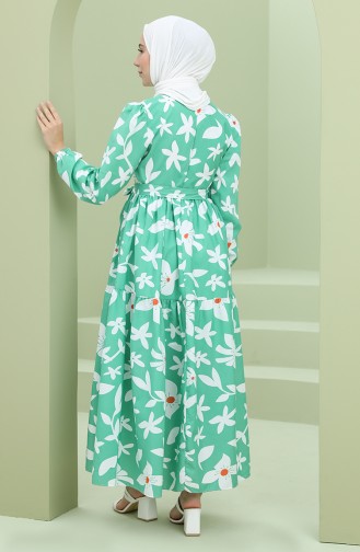 Kuşaklı Desenli Elbise 5415-03 Yeşil
