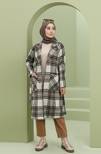 Ekose Desenli Uzun Ceket 4512-01 Krem Sütlü kahve