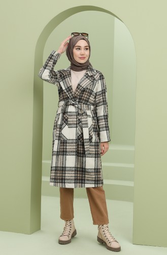 Ekose Desenli Uzun Ceket 4512-01 Krem Sütlü kahve
