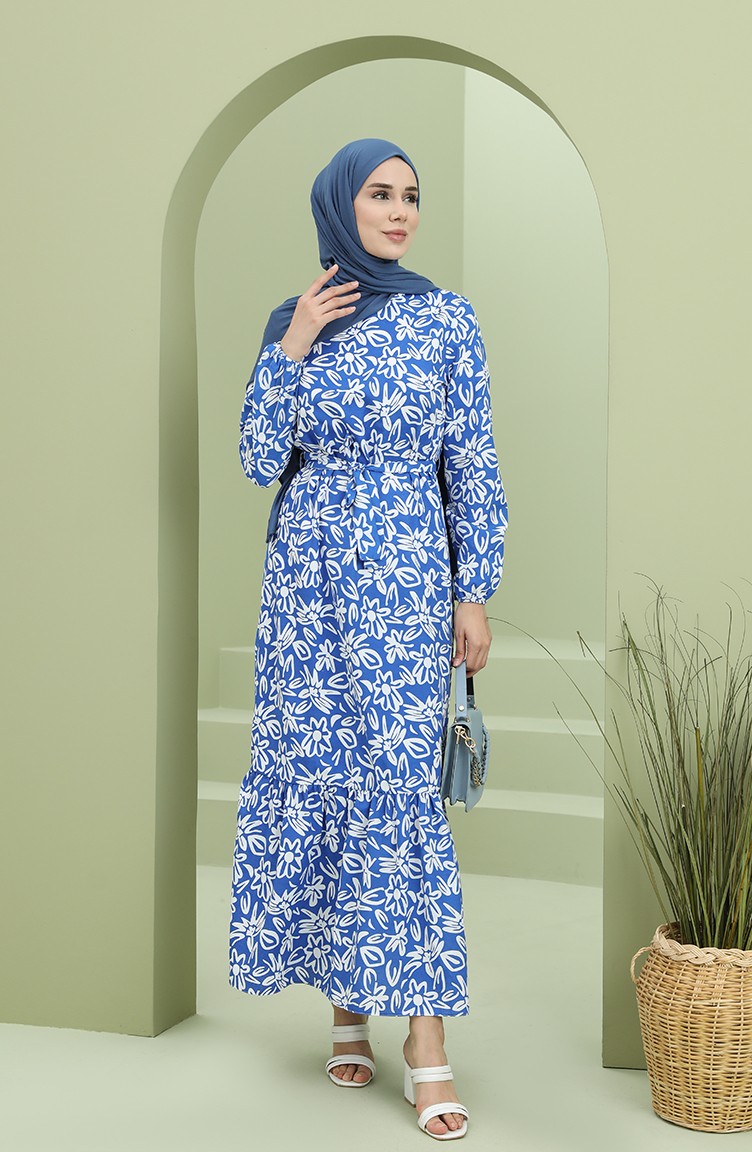 Blue Hijab Dress 202403 Sefamerve
