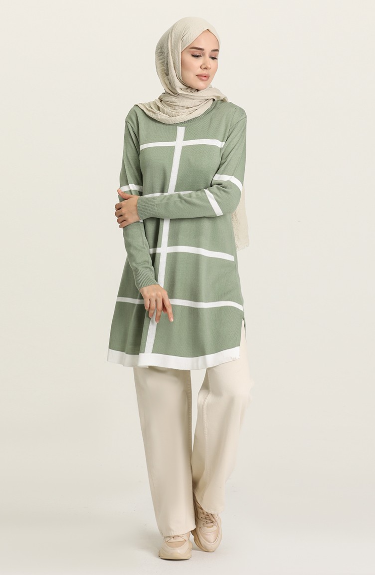 Çizgi Desenli Triko Tunik 557-04 Mint Yeşili