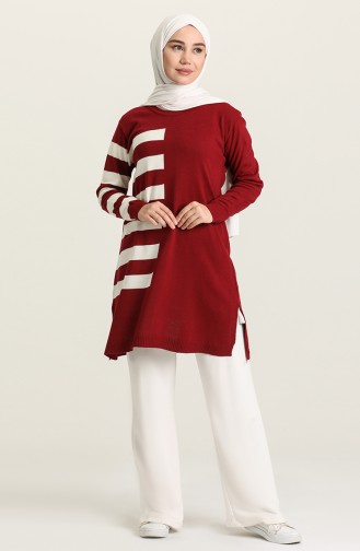 Çizgili Triko Kazak 567-01 Bordo
