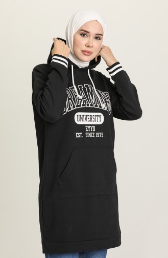 Cepli Baskili Kapüşonlu Sweatshirt 9588-01 Siyah