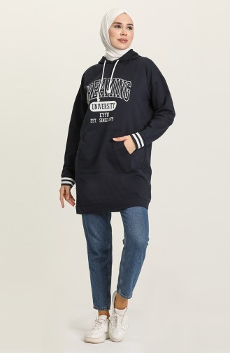 Cepli Baskili Kapüşonlu Sweatshirt 9588-02 Koyu Lacivert