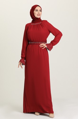 Claret Red Hijab Evening Dress 61110-01