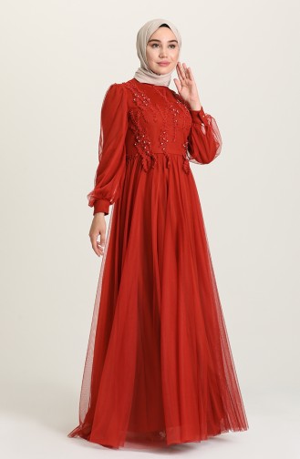 Brick Red Hijab Evening Dress 3406-05