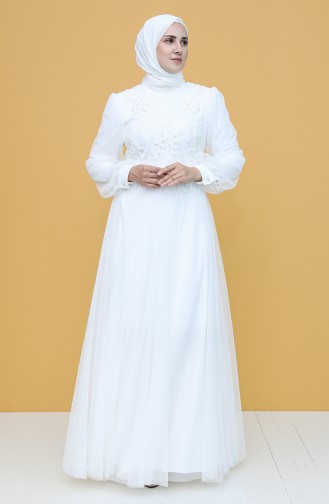 Ecru Hijab Evening Dress 3407-02