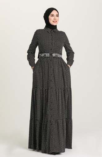 Puantiyeli Düğmeli Elbise 61304-02 Siyah