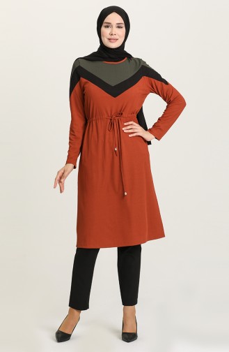 Desenli İp Kemerli Tunik 9599-02 Kiremit