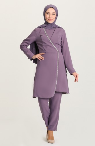 Taşlı Tunik Pantolon Abiye İkili Takım 4906-01 Lila