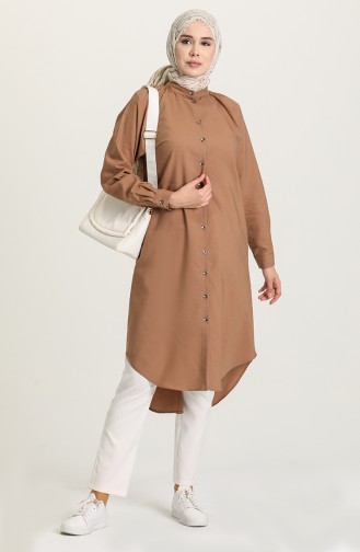 Doğal Kumaş Düğmeli Uzun Tunik 3310-05 Camel