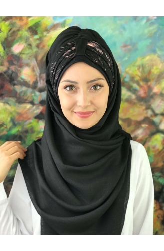 Işıltılı Çizgili Siyah Hazır Türban HZSL18-01 Siyah