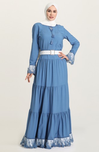 Kemerli Dantelli Elbise 61298-04 İndigo