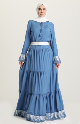 Kemerli Dantelli Elbise 61298-04 İndigo