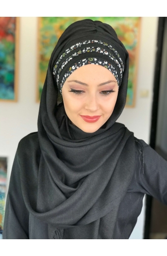 Çiçekli Hazır Türban HZSL39-01 Siyah