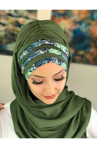 Drapeli Yeşil Tesettür Şal HZRSL24-01 Yeşil
