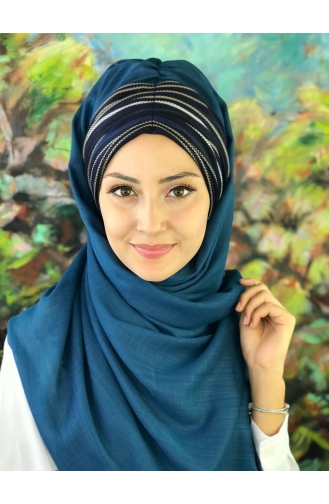 Çizgili Büzgülü Hazır Türban HZSL17-01 Koyu Mavi