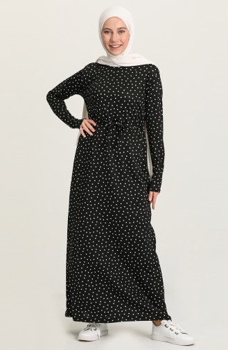 Puantiyeli Kuşakli Elbise 1053-01 Siyah Beyaz