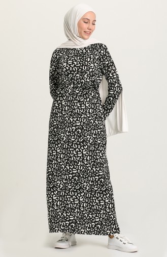 Leopar Desenli Elbise 1055-01 Siyah Beyaz