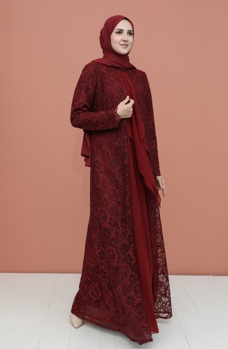 Claret Red Hijab Evening Dress 3001-04