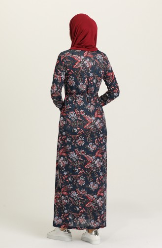 Gül Desenli Kuşakli Elbise 1052-03 Lacivert