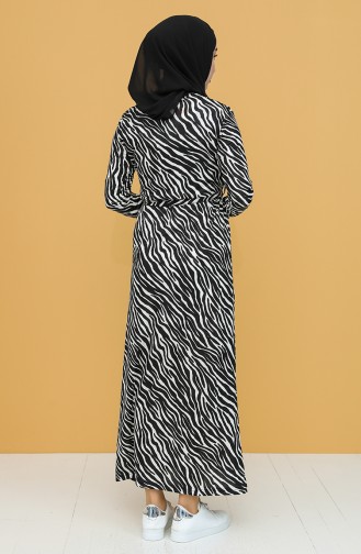 Zebra Desenli Kuşakli Elbise 1047-01 Siyah Beyaz