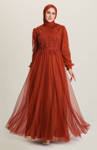 Brick Red Hijab Evening Dress 3407-04