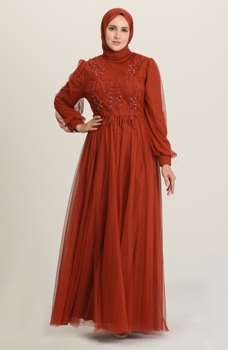 Brick Red Hijab Evening Dress 3407-04