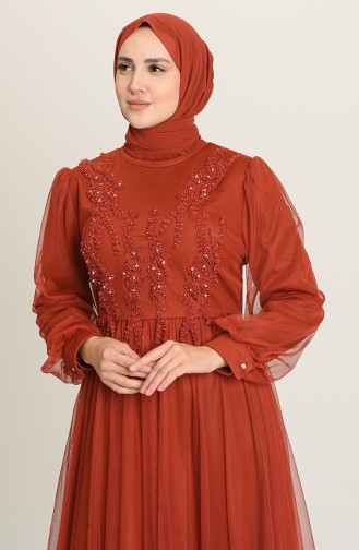 Brick Red Hijab Evening Dress 3407-04