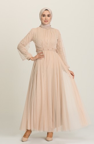 Beige Hijab Evening Dress 5514-17